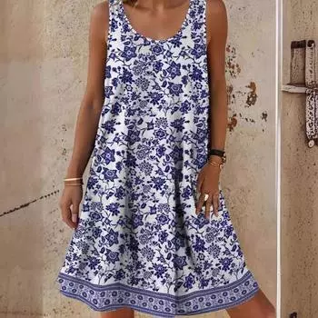 Женское летнее платье с круглым вырезом без рукавов, синее, белое, фарфоровое, с цветочным принтом, повседневные платья S