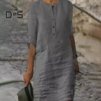 Женское летнее платье с круглым вырезом, рукавами три четверти, длиной до колена, сплошной цвет, пуговицы, свободный пуловер, мягкий повседневный дышащий женский осенне-весенний миди-платье 3XL серый