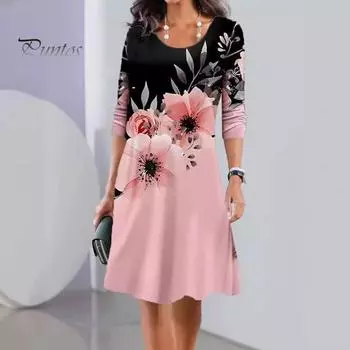 Женское летнее платье с круглым вырезом длиной до колена с цветочным принтом, пуловер трапециевидной формы с длинными рукавами, повседневная одежда, длинное платье для поездок на работу 2XL розовый