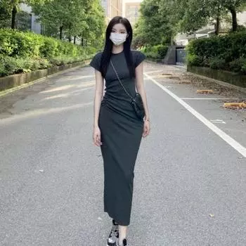 Женское летнее платье с круглым вырезом и коротким рукавом, облегающее эластичное платье-футляр, мягкое, однотонное, дышащее, до щиколотки, повседневное платье макси M чёрный