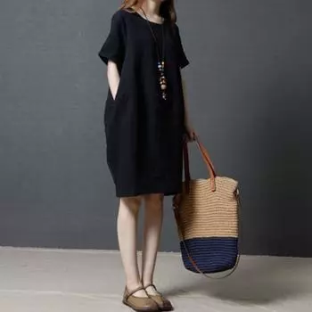 Женское летнее платье с круглым вырезом и короткими рукавами, чистый цвет, свободные боковые карманы, пуловер длиной до колена, повседневное платье миди для поездок на работу L красный