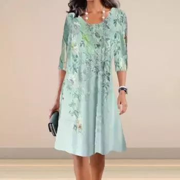 Женское летнее платье с круглым вырезом длиной до колена с цветочным принтом, пуловер трапециевидной формы с длинными рукавами, повседневная одежда, длинное платье для поездок на работу 2XL розовый