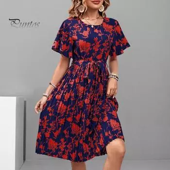 Женское летнее платье с круглым вырезом контрастного цвета с цветочным принтом и короткими рукавами трапециевидной формы на шнуровке с высокой узкой талией и свободным подолом длиной до колена женское платье миди S красный