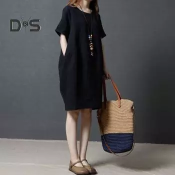 Женское летнее платье с круглым вырезом и короткими рукавами, чистый цвет, свободные боковые карманы, пуловер длиной до колена, повседневное платье миди для поездок на работу XL красный