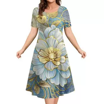 Женское летнее платье с круглым вырезом и короткими рукавами, повседневная модная одежда с 3D-цветочным узором, элегантная длинная юбка-пуловер для вечеринок S
