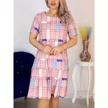 Женское летнее платье с круглым вырезом, утягивающее талию S розовый