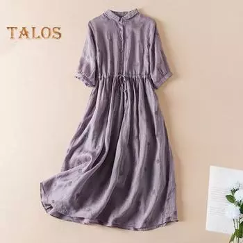 Женское летнее платье с кукольным воротником в богемном стиле с короткими рукавами и принтом одуванчика трапециевидной формы плиссированные с высокой талией на шнуровке большой подол полуоднобортный отпуск миди L фиолетовый