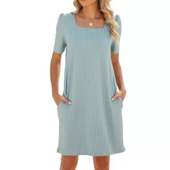 Женское летнее платье с квадратным воротником и короткими рукавами, однотонное платье с карманами S бордовый