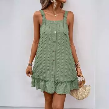 Женское летнее платье с квадратным вырезом, на бретелях, со сборками, А-силуэта, для вечеринки S зелёный