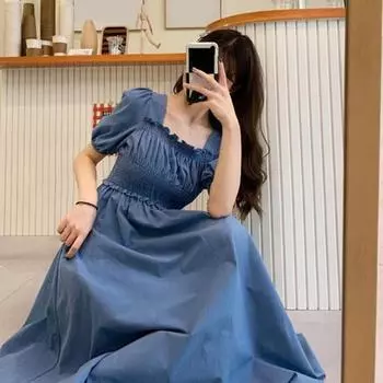 Женское летнее платье с квадратным вырезом и рукавами-пузырьками, плиссированные, с эластичным бюстом, с коротким рукавом, трапециевидной формы со свободным подолом, винтажное платье миди длиной до икры L чёрный