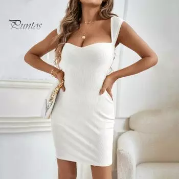 Женское летнее платье с квадратным вырезом без рукавов с глубоким вырезом на спине, однотонное, мягкое, облегающее, с высокой талией, плиссированное, эластичное, для вечеринки, клуба, выпускного мини-платья L чёрный