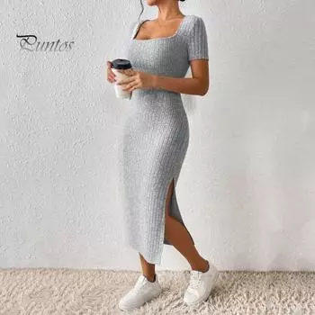 Женское летнее платье с квадратным вырезом и разделенным подолом, вязаное эластичное облегающее однотонное платье до середины икры с короткими рукавами, женское вечернее платье миди для поездок на работу S светло-серый