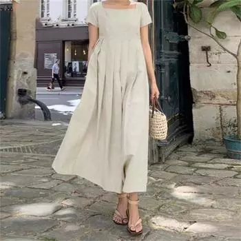 Женское летнее платье с квадратным вырезом и короткими рукавами, плиссированное свободное подол, трапециевидной формы, до щиколотки, сплошной цвет, длина до середины икры, длинное платье миди для дам XL армия зеленый