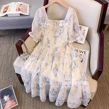 Женское летнее платье с квадратным вырезом во французском стиле в цветочек, темперамент, большие размеры, милые и свежие платья 6XL