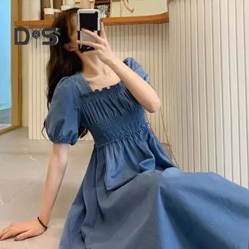 Женское летнее платье с квадратным вырезом, рукавами-фонариками, плиссировкой, эластичным бюстом, короткими рукавами, А-силуэтом, свободным подолом, однотонное, винтажное, длиной до середины голени, длина миди L чёрный