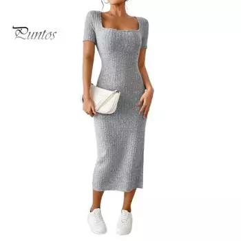 Женское летнее платье с квадратным вырезом и разделенным подолом, вязаное эластичное облегающее однотонное платье до середины икры с короткими рукавами, женское вечернее платье миди для поездок на работу S светло-серый