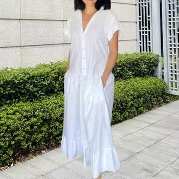 Женское летнее платье с лацканами и короткими рукавами, однотонное однобортное повседневное длинное платье для выпускного вечера, платье для повседневной носки S розовый