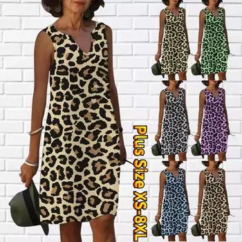 Женское летнее платье с леопардовым принтом и v-образным вырезом, повседневное модное платье без рукавов, повседневные свободные сексуальные платья размера плюс XS-8XL XS жёлтый