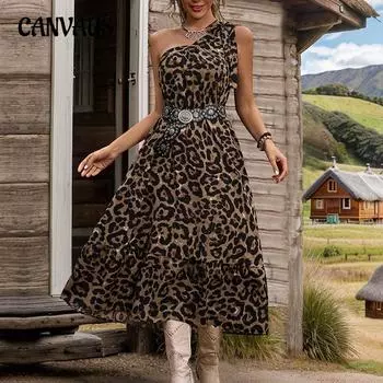 Женское летнее платье с леопардовым принтом A Swing, одно плечо, платье с завязкой S чёрный