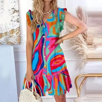 Женское летнее платье с летающими рукавами и гофрировкой без рукавов с цветочным принтом и V-образным вырезом, трапециевидной формы, со свободным подолом, однобортное лоскутное платье миди длиной до колена M зелёный