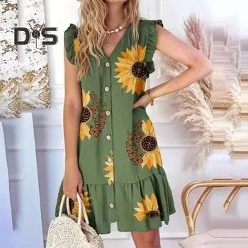 Женское летнее платье с летающими рукавами и гофрированными рукавами с цветочным принтом и V-образным вырезом, трапециевидной формы, свободный подол, однобортное лоскутное платье миди длиной до колена M зелёный