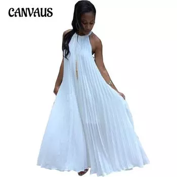 Женское летнее платье с лямкой на шее большого размера, модные сексуальные плиссированные платья S белый