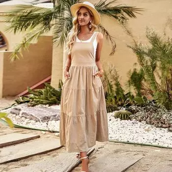 Женское летнее платье с лямкой на шее, сплошное цветное элегантное повседневное платье с высокой талией и бретельками