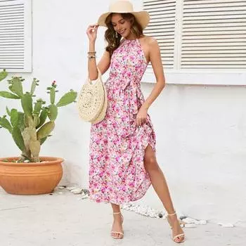 Женское летнее платье с лямкой на шее и открытой спиной с цветочным принтом Узкая талия с открытыми плечами Плиссированная талия с поясом Без рукавов Трапециевидной формы Большой подол Богемный пляж S розы красного