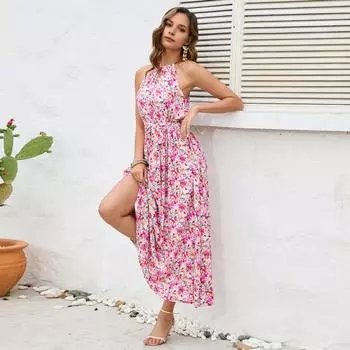 Женское летнее платье с лямкой на шее и открытой спиной с цветочным принтом Узкая талия с открытыми плечами Плиссированная талия с поясом Без рукавов Трапециевидной формы Большой подол Богемный пляж S розы красного
