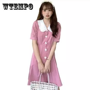 Женское летнее платье с милым кукольным воротником на талии, тонкое супер элегантное тонкое маленькое свежее платье с короткими рукавами XXL розовый