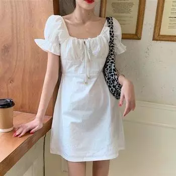 Женское летнее платье с мягким ветром, которое может быть сладким, но соленым, с рукавами-фонариками и квадратным вырезом First Love L слоновая кость