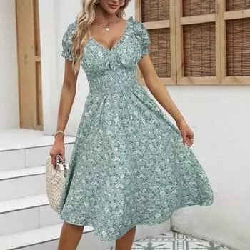 Женское летнее платье с оборками, рукавами-фонариками, V-образным вырезом, цветочным принтом, для отдыха, пляжное, цельное S