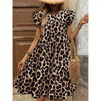 Женское летнее платье с оборками, рукавами-крылышками, круглым вырезом, леопардовым принтом, для отпуска, пляжное, цельное XXL
