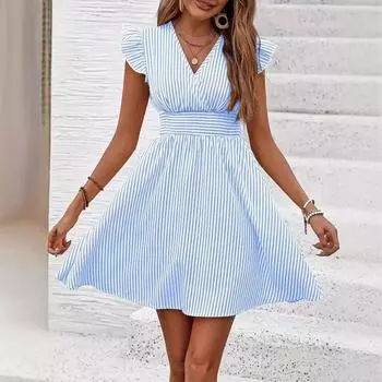Женское летнее платье с оборками, рукавами-крылышками, V-образным вырезом, в полоску, с принтом, цельное S
