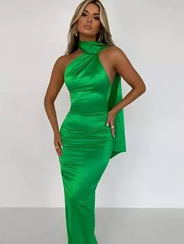 Женское летнее платье с открытой спиной, облегающее тонкое платье с бретелькой на шее, на одно плечо, женские зеленые, оранжевые длинные женские платья для выпускного вечера S зелёный