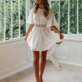 Женское летнее платье с открытой спиной и цветочной аппликацией трапециевидной формы со свободным подолом, плиссированной талией и вырезом на талии, с половиной рукавом, в стиле пэчворк, мини-платье для выпускного вечера для свиданий L белый