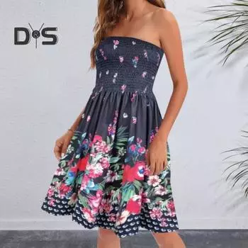 Женское летнее платье с открытыми плечами, бандо, без рукавов, с открытой спиной, с бохо-цветочным принтом, А-силуэта, эластичной талией, длиной до колена, пляжное платье для отдыха S циан