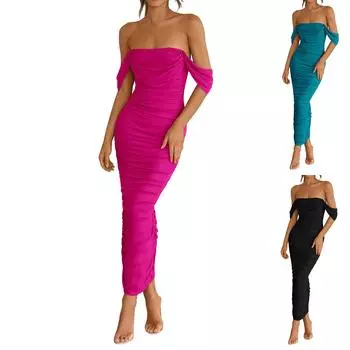 Женское летнее платье с открытыми плечами, облегающее, без рукавов, с разрезом, коктейльное платье макси L чёрный