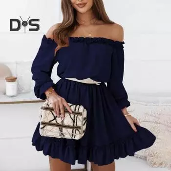 Женское летнее платье с открытыми плечами и открытой спиной с рюшами и длинными рукавами, плиссированное лоскутное однотонное трапециевидное мини-платье для выпускного вечера M белый