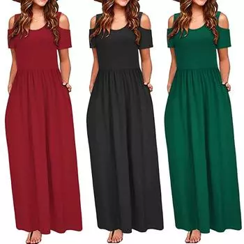 Женское летнее платье с открытыми плечами и цветочным принтом, элегантное длинное платье макси, карманное платье S чёрный