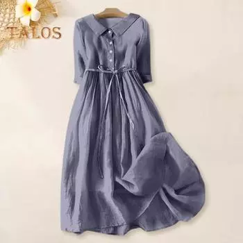 Женское летнее платье с отложным воротником, богемное платье с половиной рукавов, плиссированное трапециевидное платье с высокой талией и большим подолом, однобортное однобортное платье миди для отдыха S светло-синий