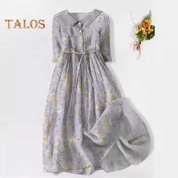 Женское летнее платье с отложным воротником и красочным принтом, с короткими рукавами, трапециевидной формы, плиссированное, с высокой талией и большим подолом, однобортное однобортное платье миди для отдыха S F