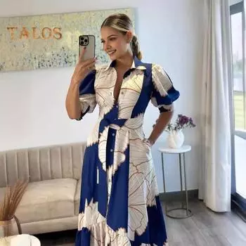 Женское летнее платье с отложным воротником, нерегулярной оборкой по краю, рукавом-фонариком, высокой талией, однобортной рубашкой с контрастным цветным принтом, кардиганом S разноцветный