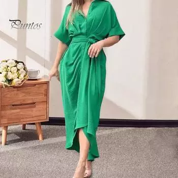 Женское летнее платье с отложным воротником на шнуровке, высокой талией и короткими рукавами, однобортное плиссированное платье макси длиной до щиколотки M зелёный