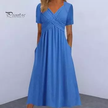 Женское летнее платье с плиссированным ремешком и V-образным вырезом с короткими рукавами, однотонное платье с карманами трапециевидной формы со свободным подолом, дышащее мягкое платье миди для свиданий XL серый