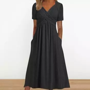 Женское летнее платье с плиссированным ремешком и V-образным вырезом с короткими рукавами, однотонное платье с карманами трапециевидной формы со свободным подолом, дышащее мягкое платье миди для свиданий M зелёный