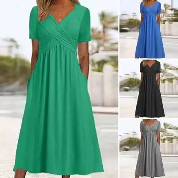 Женское летнее платье с плиссированным ремешком и V-образным вырезом с короткими рукавами, однотонное платье с карманами трапециевидной формы со свободным подолом, дышащее мягкое платье миди для свиданий 3XL зелёный