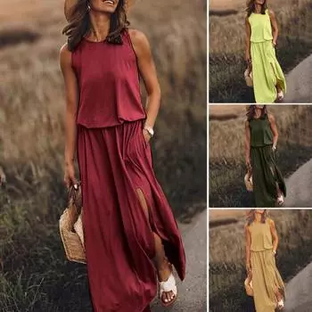 Женское летнее платье с плиссировкой, круглым вырезом, без рукавов, однотонное, свободное, с разрезом, макси-платье, повседневная одежда для свиданий, вечеринок, длинное платье XL