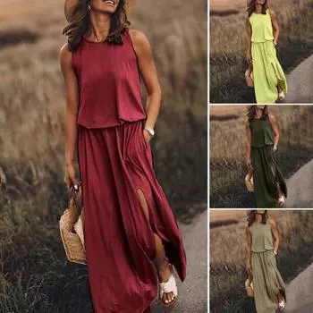 Женское летнее платье с плиссировкой, круглым вырезом, без рукавов, однотонное, свободное, с разрезом, макси-платье, повседневная одежда для свиданий, вечеринок, длинное платье M
