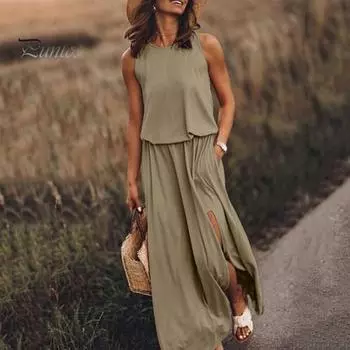 Женское летнее платье с плиссировкой, круглым вырезом, без рукавов, однотонное, свободное, с разрезом, макси-платье, повседневная одежда для свиданий, вечеринок, длинное платье M